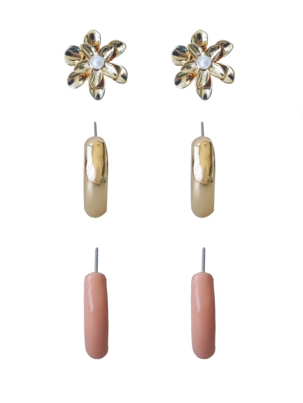 Gold & Pink Hoop and Daisy Stud Earring Set